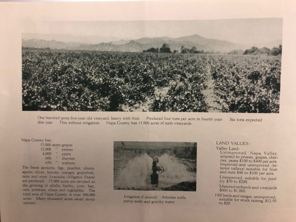 A page from Beautiful Napa describing fruit production with black and white photo of vineyards and irrigation wells.