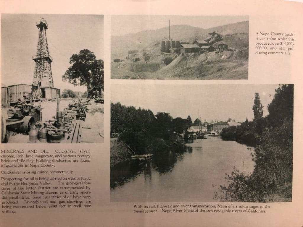 Page from Beautiful Napa showing a quicksilver mine, boats on the Napa River, and possibly an oil rig.