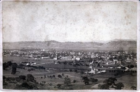 A black and white aerial photograph of the City of Napa taken by J G Brayton