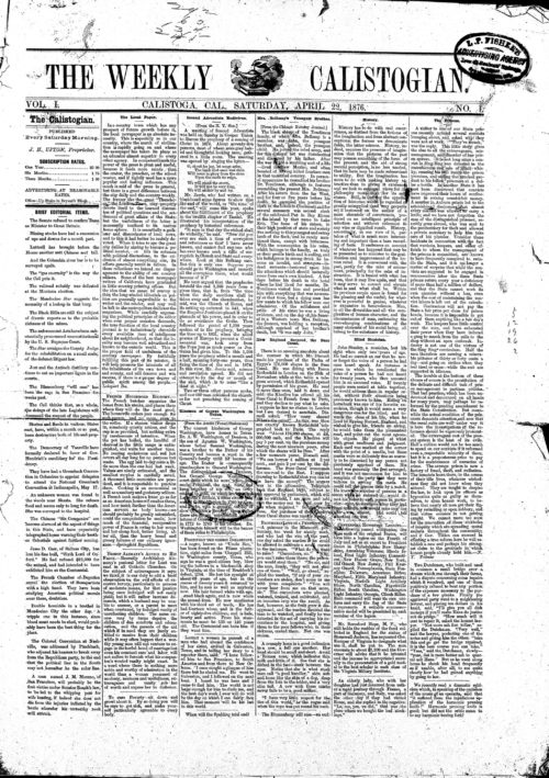 Image of Weekly Calistogian front page from 1876