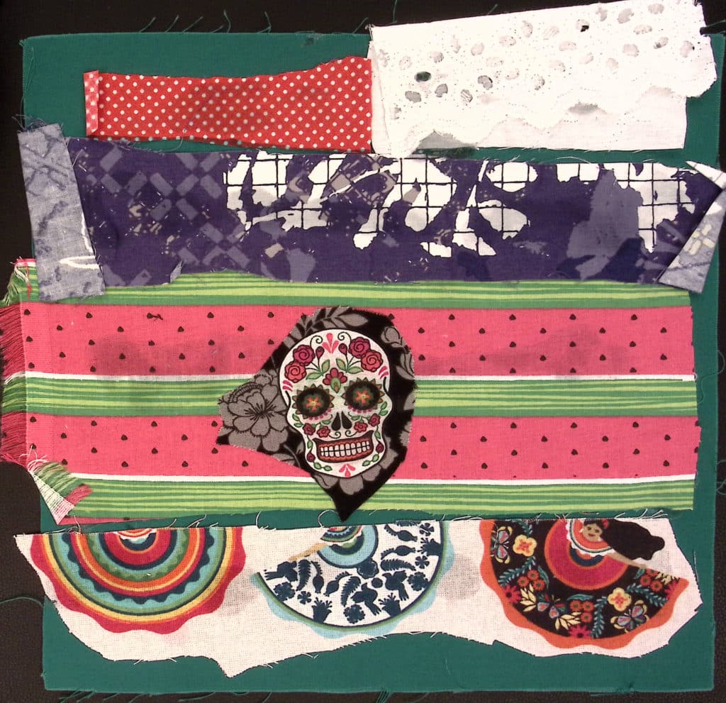 Green square with watermelon stripes, skulls, and dancers