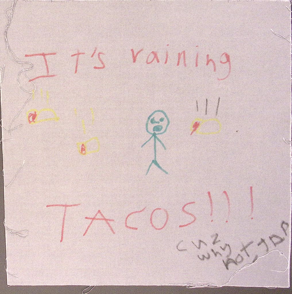 grey background with stick figure "it's raining tacos!!"