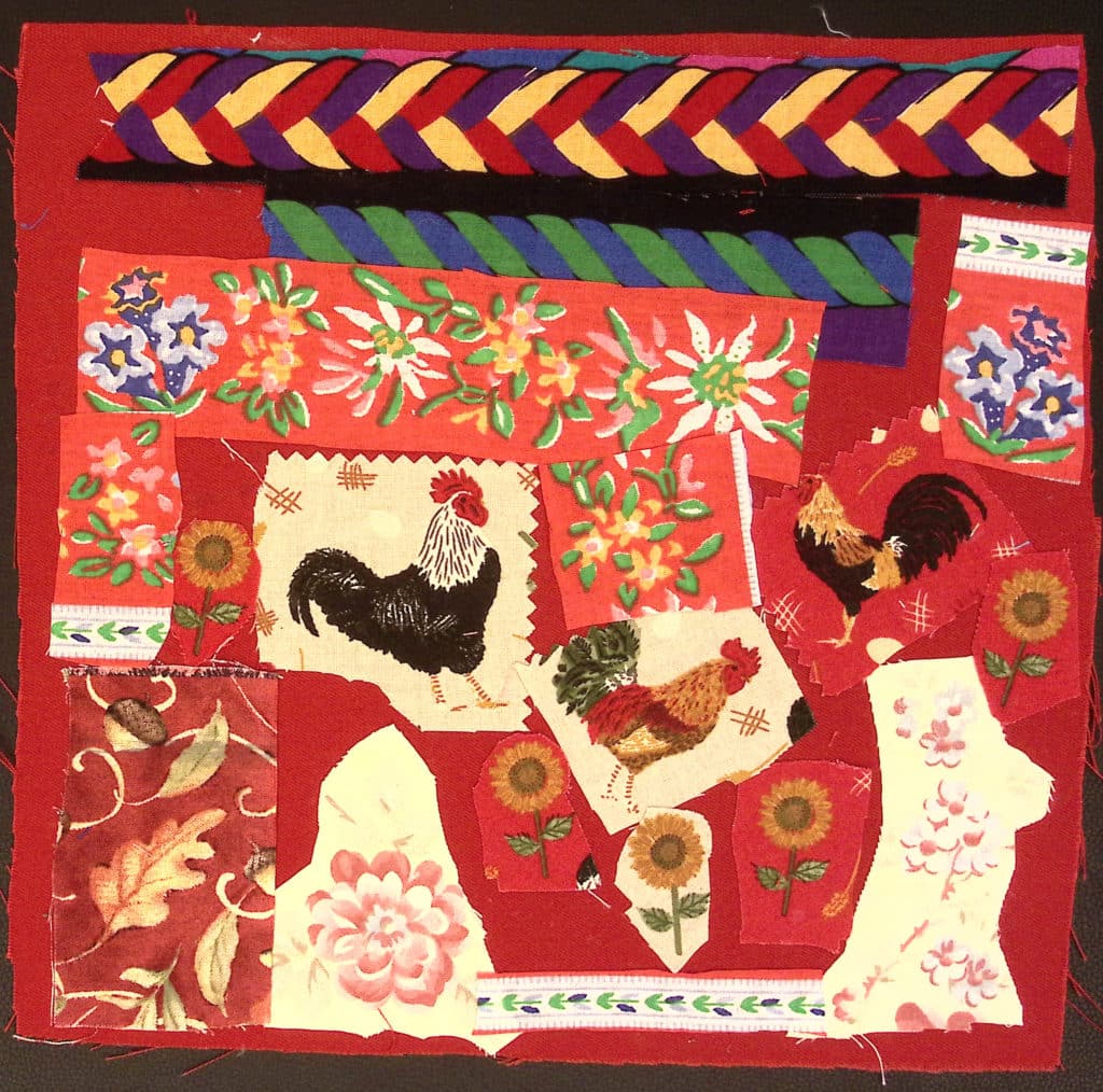 Red square with roosters, leaves and flowers