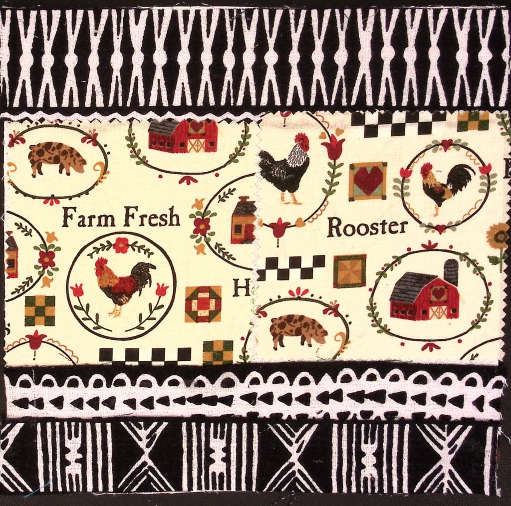 Square with black borders, roosters, barns, and pigs