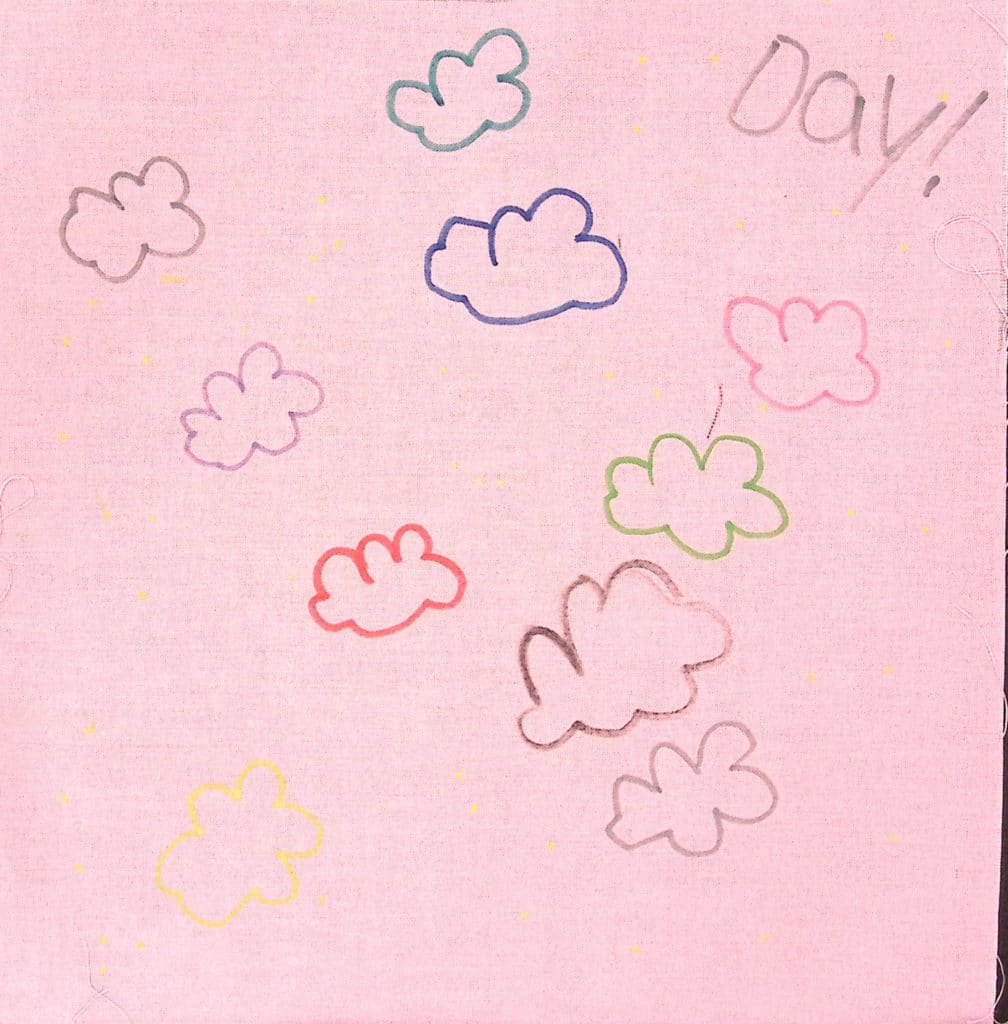 Light pink square with multicolored clouds, the word "Day!"