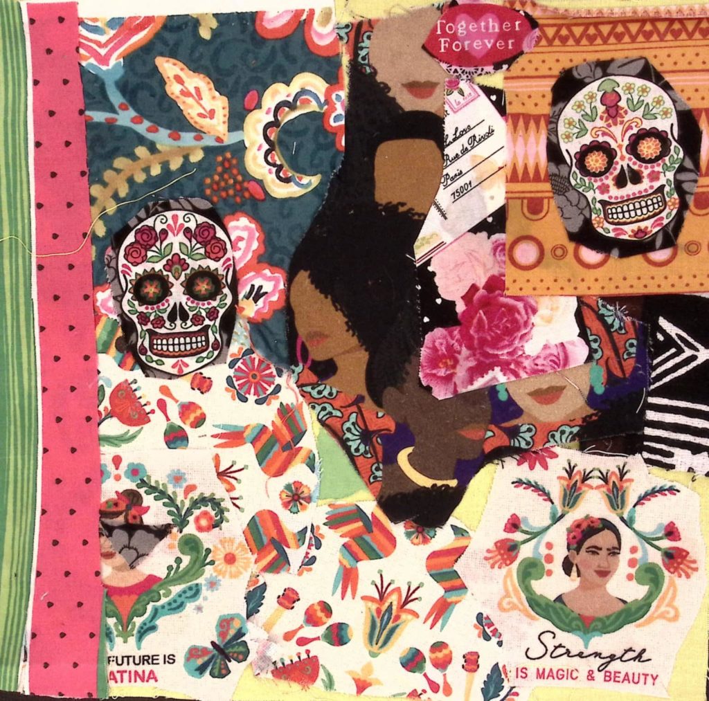 A multicolored square with watermelon border, people, and skulls