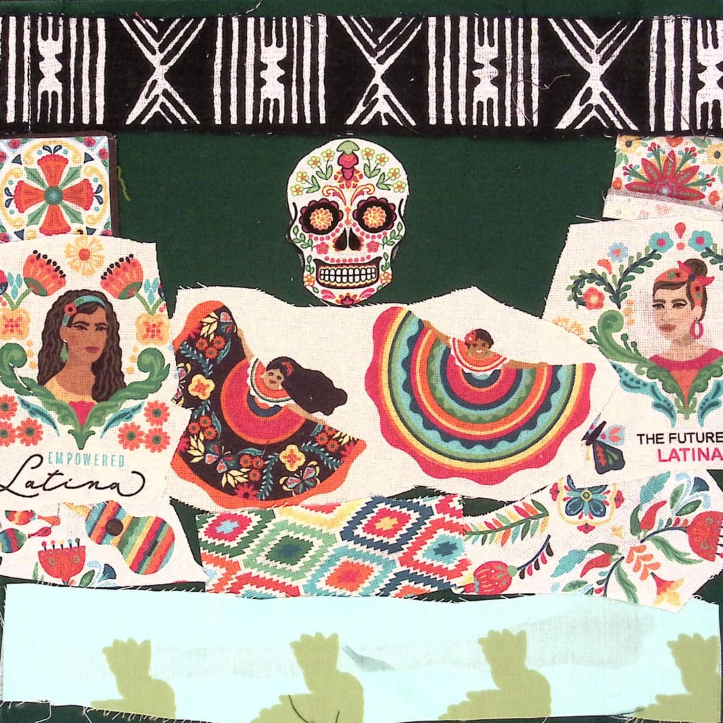 A dark green square with a black and white patterned border on top, dancers, and a skull, green hummingbirds at bottom border.