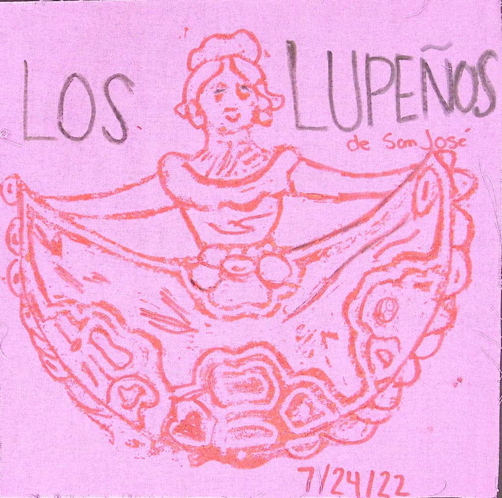 A pink square with a red stamp of a dancer and the words "Los Lupenos"