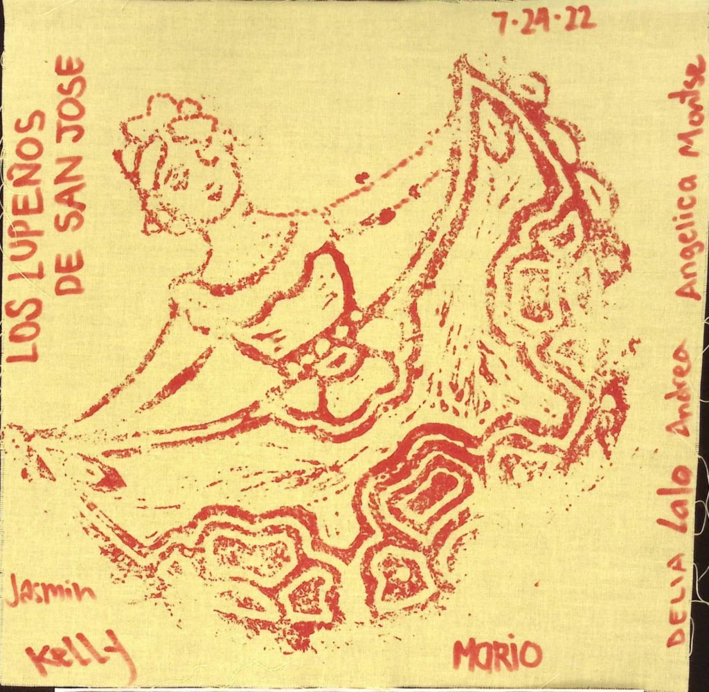 A yellow square with a red stamped dancer, and "Los Lupenos de San Jose," Mario, Kelly, and Jazmin