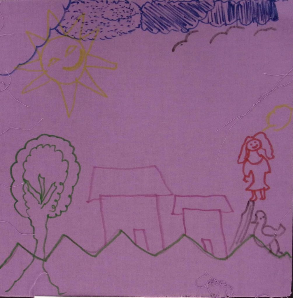 A purple square with two houses, a stick figure and a tree