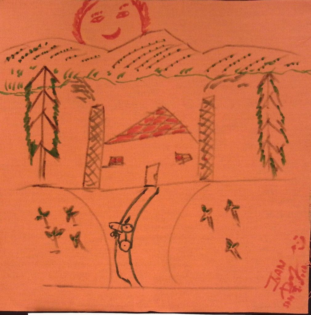An orange square with a drawing of a house, a pathway and two trees.