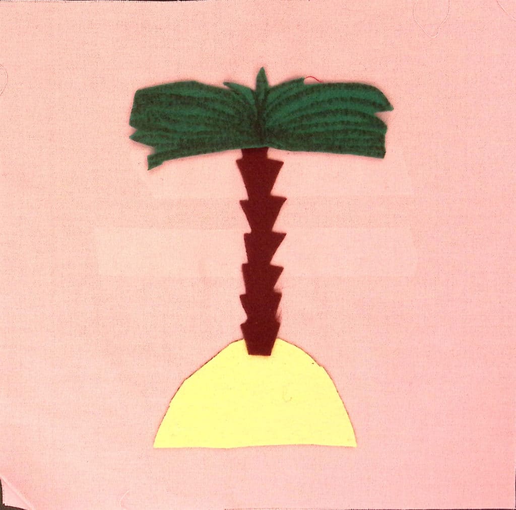 A pink background with a brown and green palm tree on a small light yellow island.