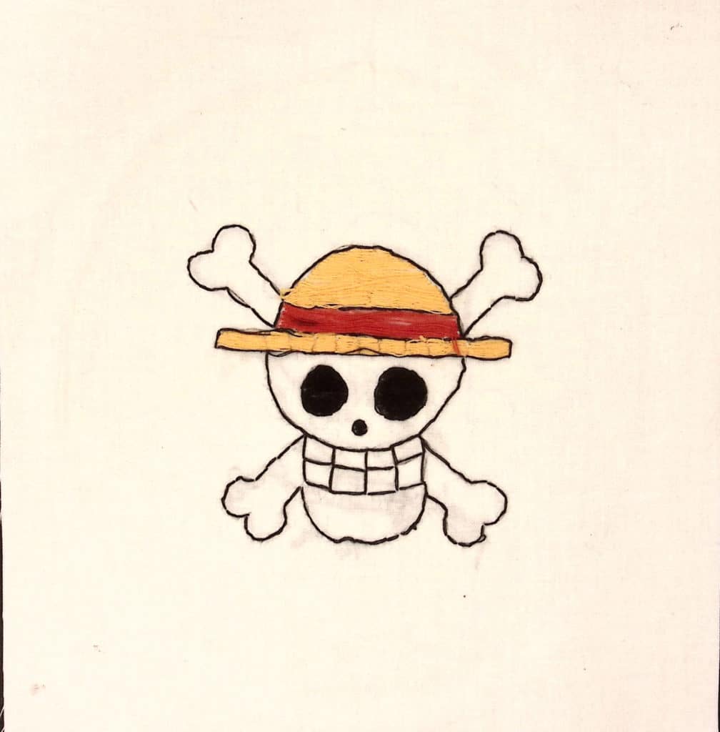 A cartoon skull and crossbones with a yellow and red wide-brim hat.