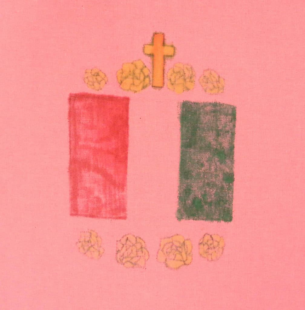 A Mexican flag drawn on a pink background, with roses and a gold cross