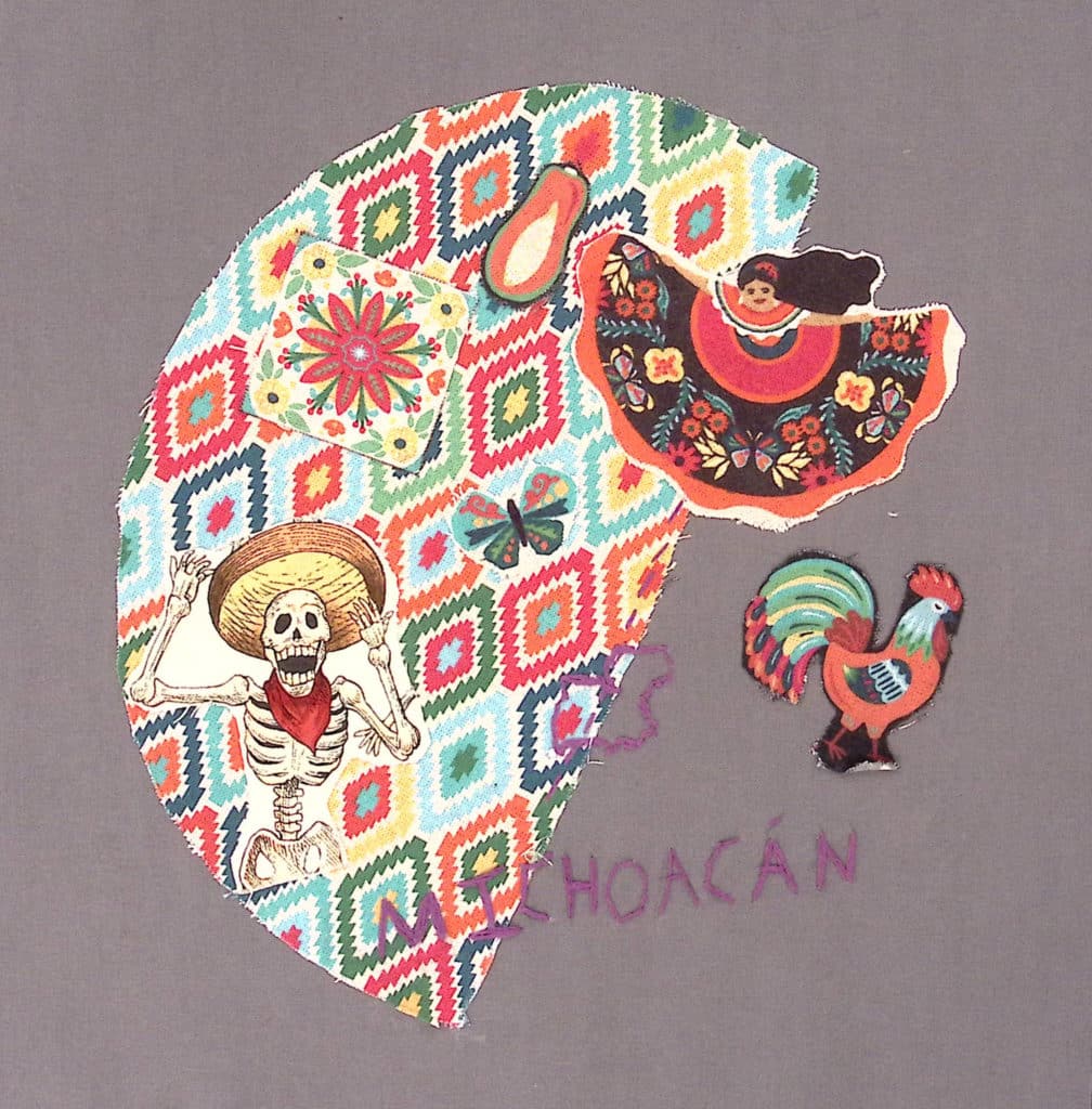A gray square with a colorful patterned half circle, a dancer, skeleton, and chicken, and the word "Michoacan."
