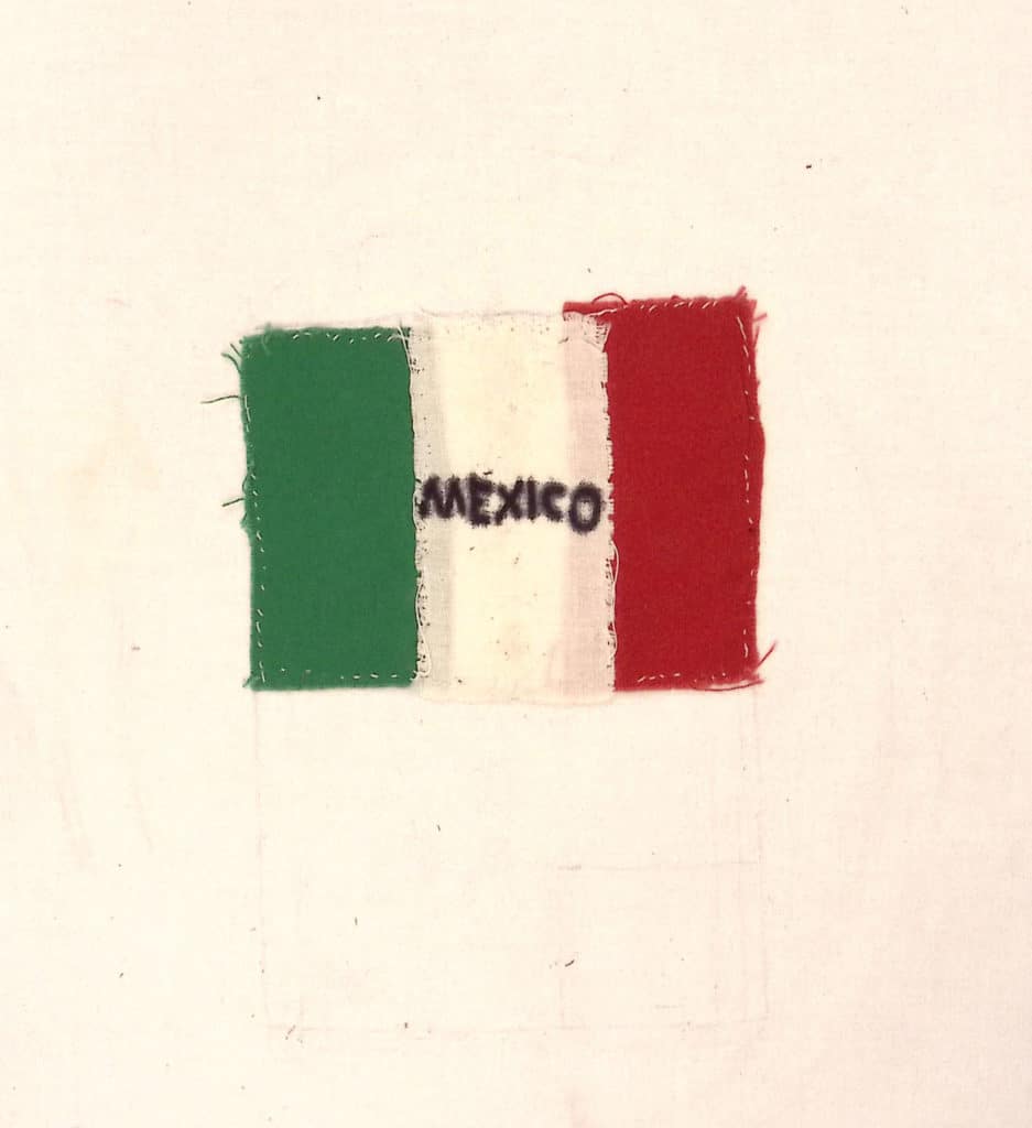 Fabric Mexican flag with Mexico written in black on the center, white background