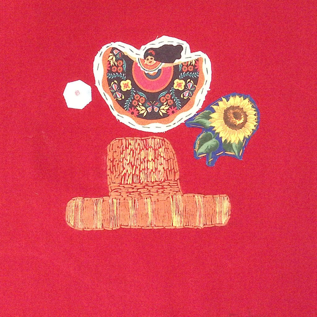 A red background with a dancing woman, sunflower, and embroidered hat.