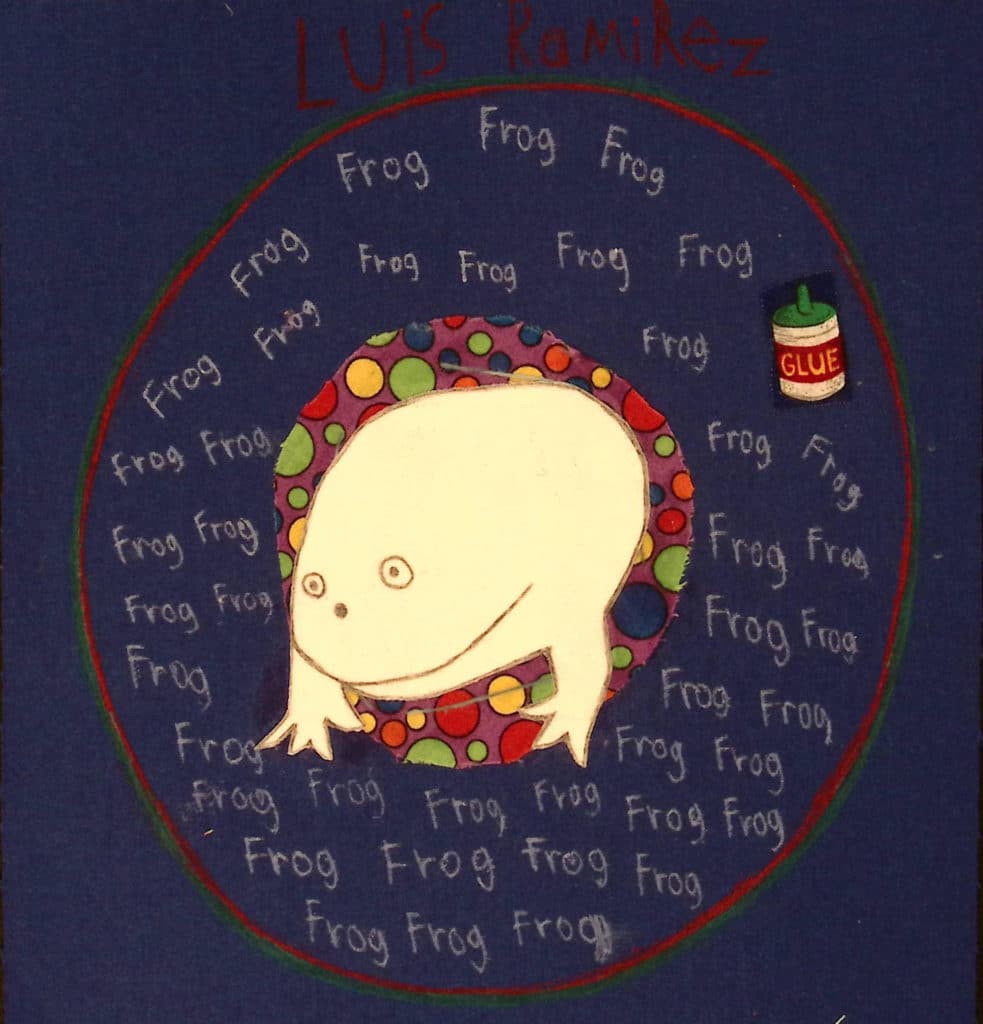 A blue background with a white fabric background, repeated word "frog" written in white.