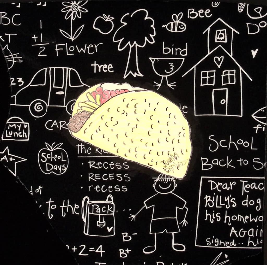 An illustration of a taco on black and white school chalkboard-themed fabric