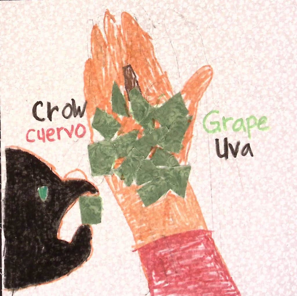 A hand holds out green grapes to a black crow who holds one in its mouth.