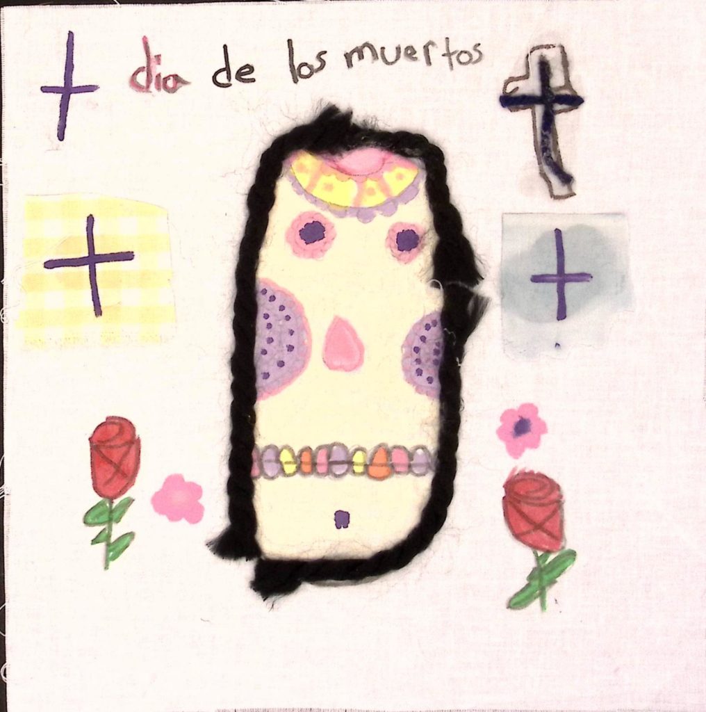 A skull with colorful teeth, a pink nose, and pink and purple eyes is surrounded by four crosses and two roses. Text at the top reads "dia de lost muertos."