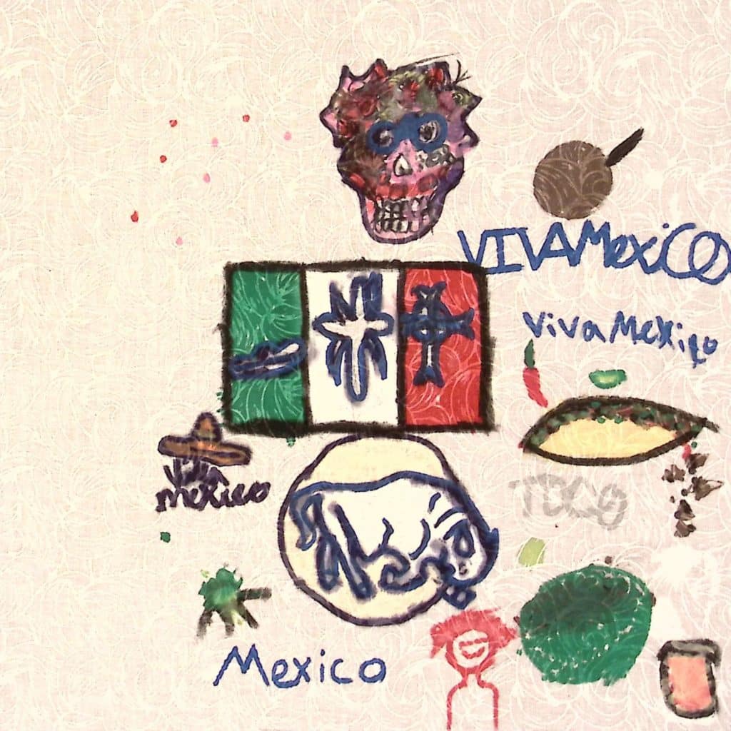 A Mexican flag with many small illustrations, including a bull, a skull, a taco, and the words "Viva Mexico."