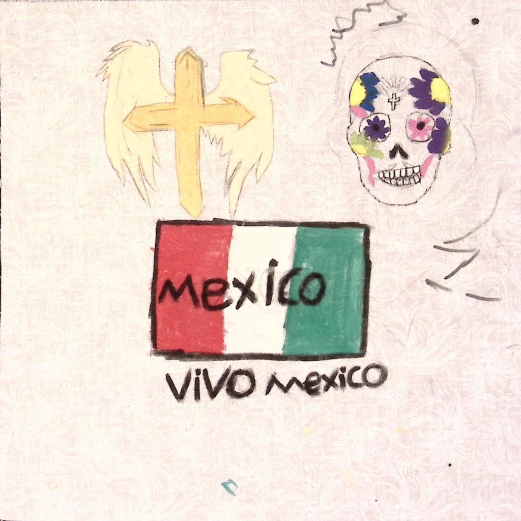 The Mexican flag with text inside that reads, "Mexico." and under which reads, "Vivo Mexico." Above, a yellow cross with angel wings next to a colorful skull covered in fllowers.