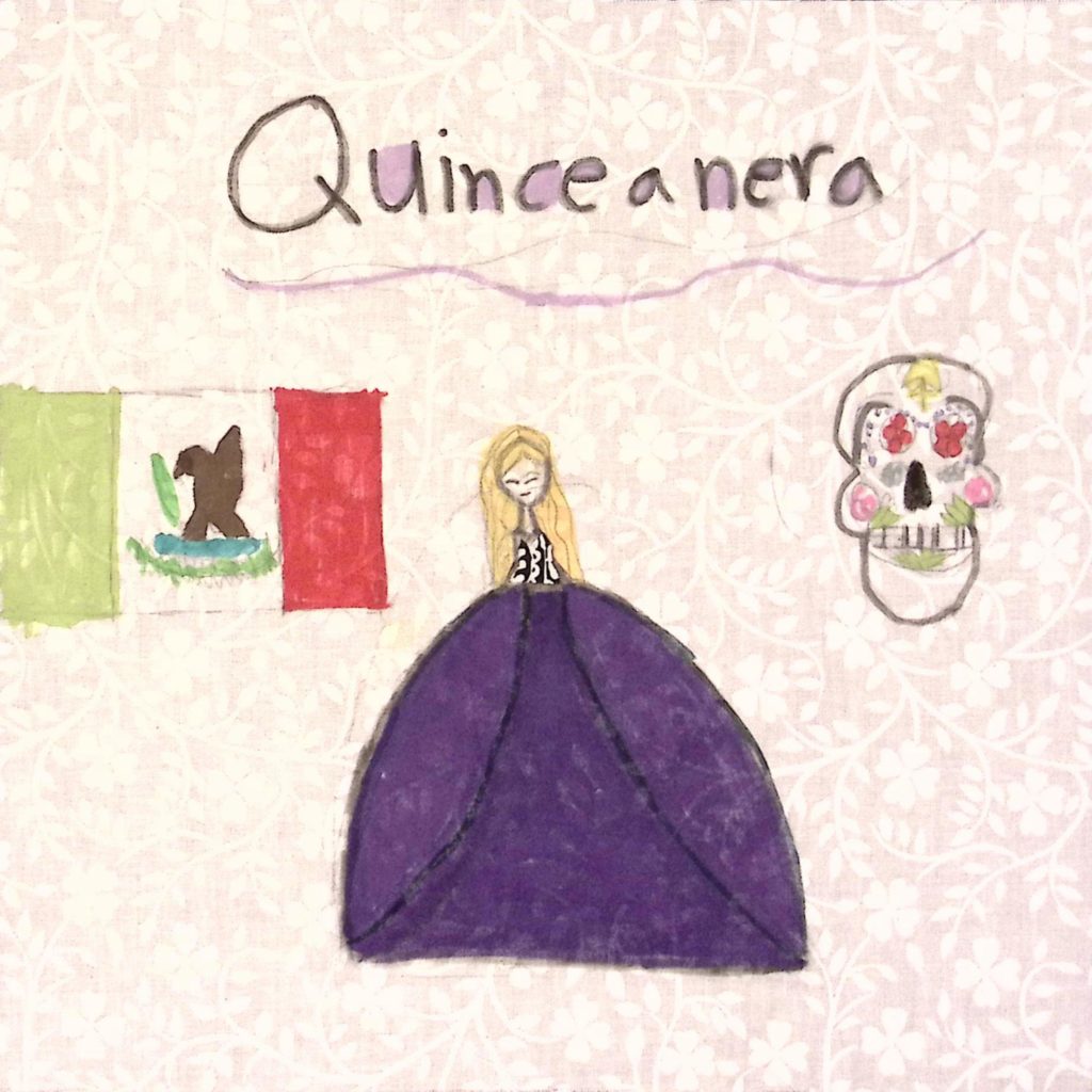 A girl with long blonde hair, wearing a large, full purple dress, next to a skull on the right, and a Mexican flag on the left. Text above reads, "Quinceanera."