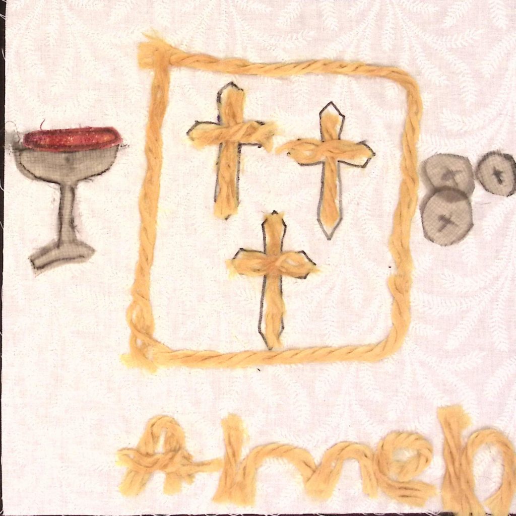 A square of yellow yarn contains three yellow crosses, next to a a bronze goblet filled with a red liquid on the left, and three tan circles with x's in their center to the right. Text beneath read "Almelo."