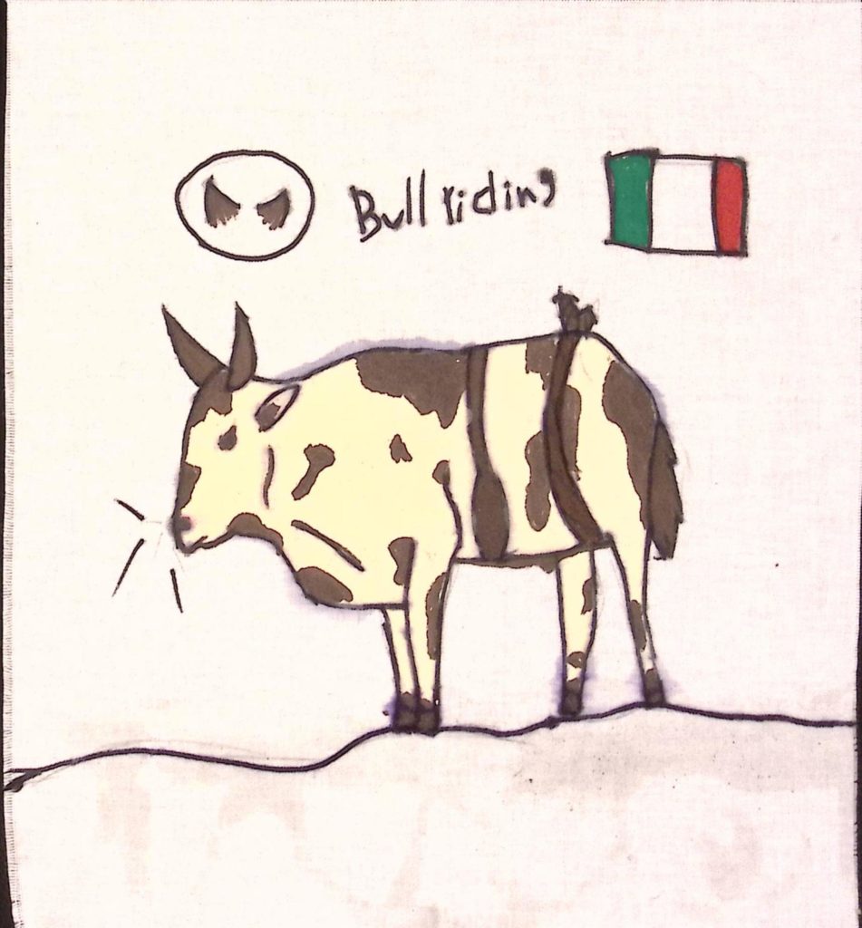 A white and black bull with horns. In the top left, a circle with two horns inside, and on the top right, an Italian flag. Between the images, text reading, "Bull riding."