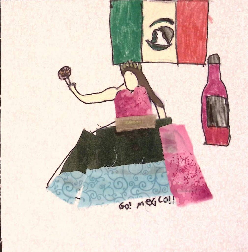 a woman, wearing a colorful skirt made up of green, blue, and pink, with a pink bodice, holds out a glass of liquid. To the right, a tall bottle with a brown label and brown cork holds pink liquid. Above, a Mexican flag. Below all images, text reads, "Go! Mexico!!'