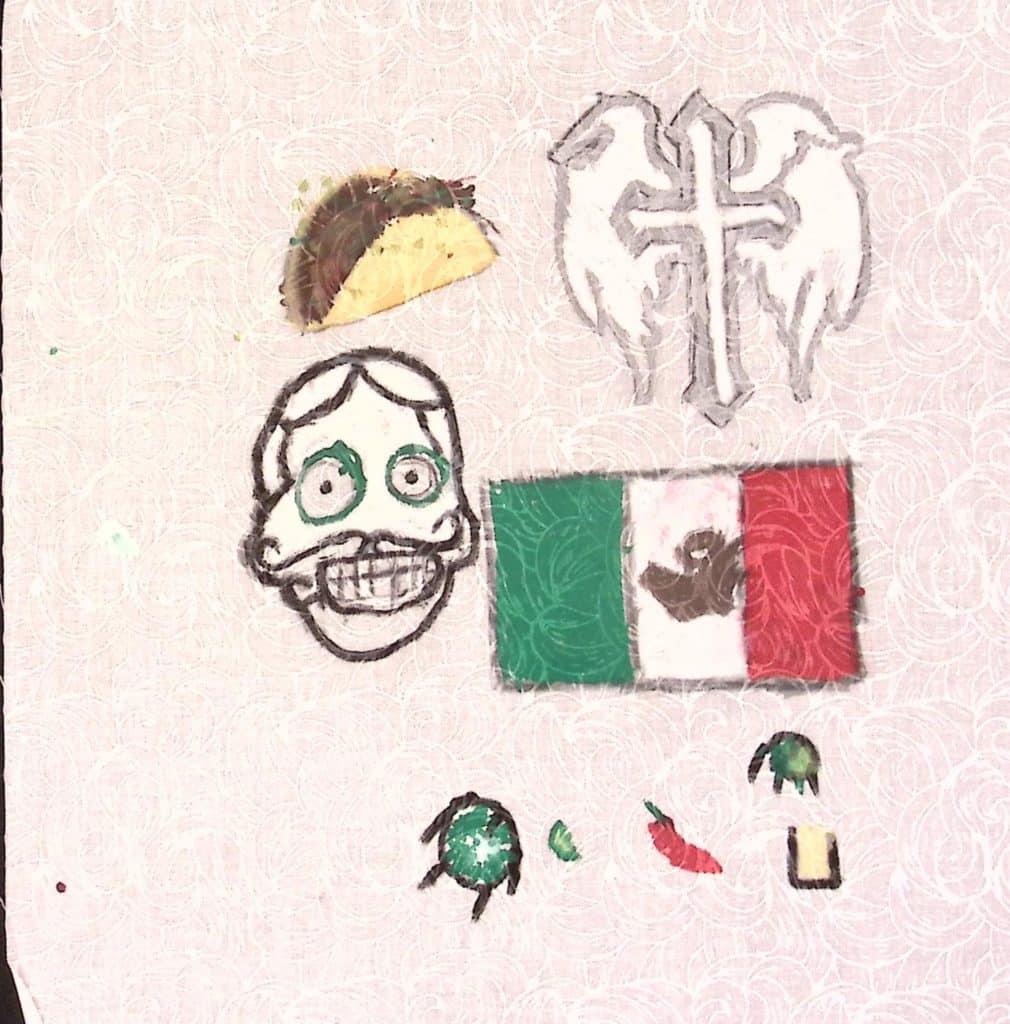 A Mexican flag surrounded by a skull with a wide grin and a curly mustache to the left, a taco to the top left, a cross with angel wings above, and an assortment of peppers below.