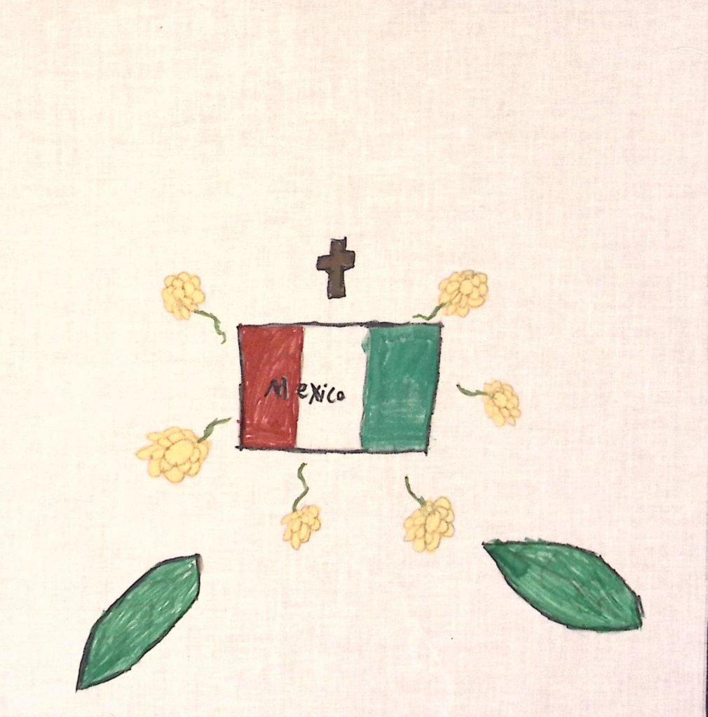 A Mexican flag circled by yellow flowers with green stems and a cross above it. Two green leaves are in the bottom left and right.