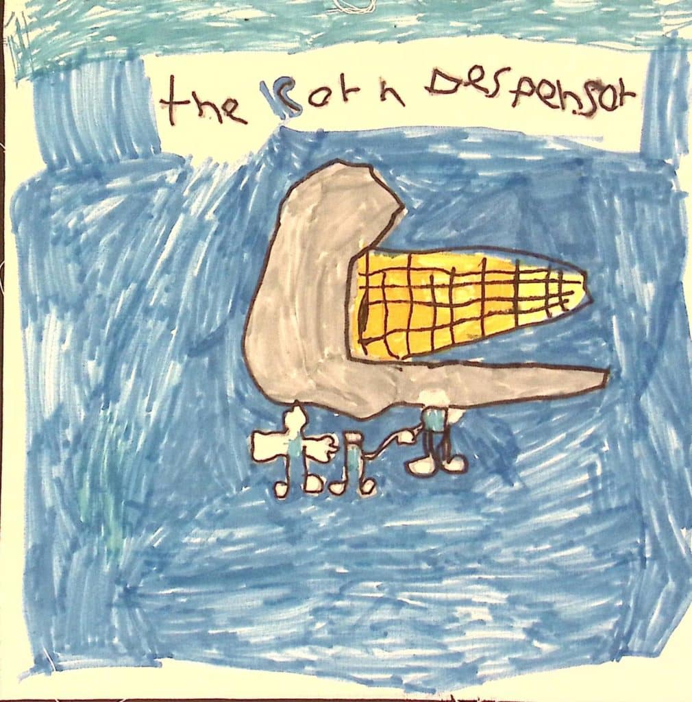 A blue background with a gray drawing, titled "The Corn Dispenser"