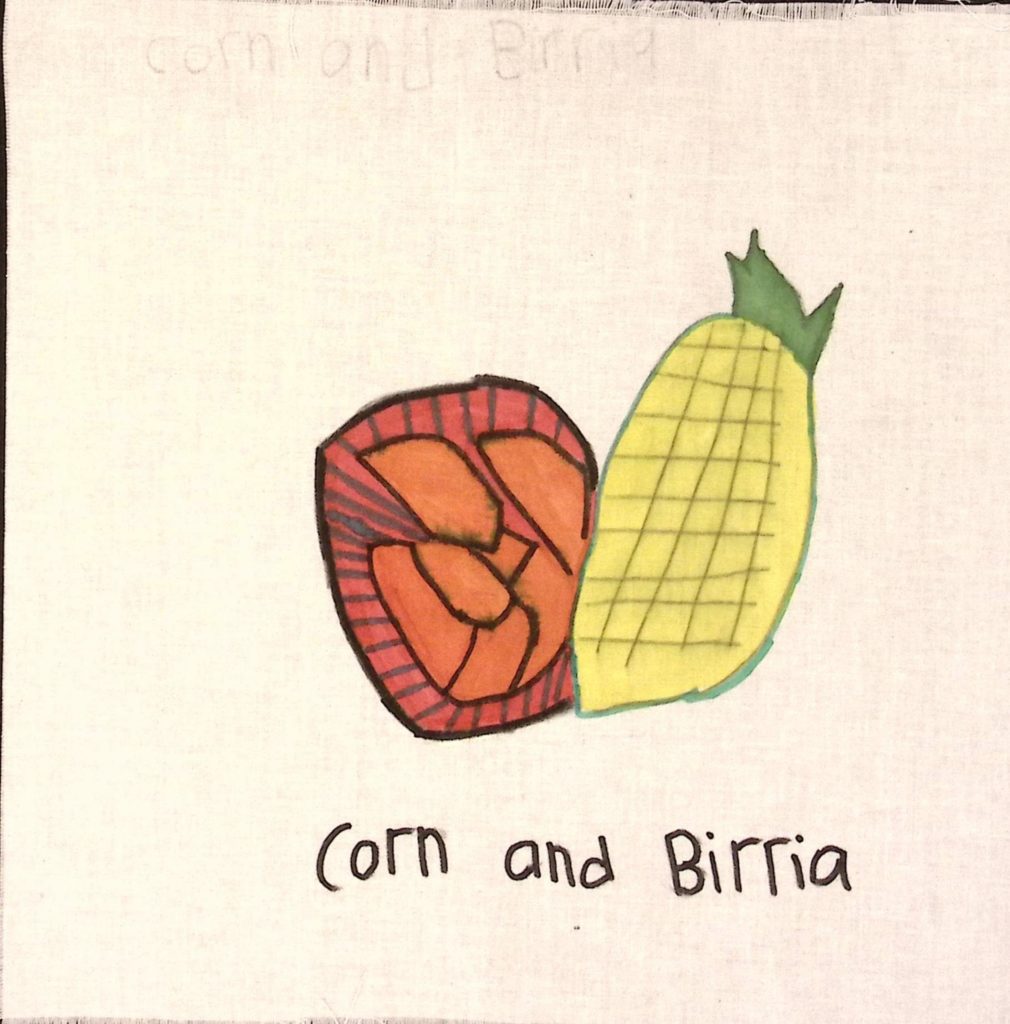 A drawing of an ear of corn and dish of birria