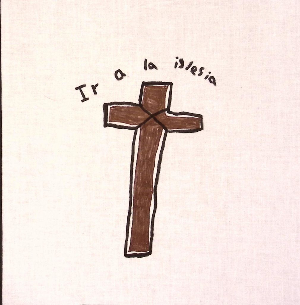 A brown cross on a white background. Text above reads, "Ir a la islesia."