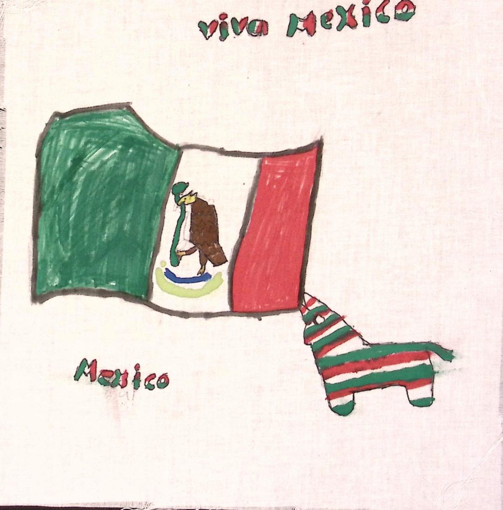 A Mexican flag with a green, white, and red donkey eating the corner of the flag. Green, white, and red text on the top reads, "Viva Mexico."