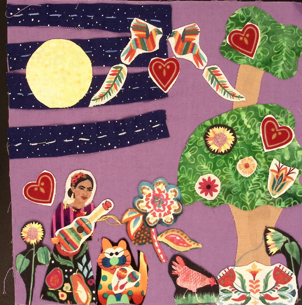 A purple square with dark blue sky and moon, with trees made of fabric and a woman playing guitar.