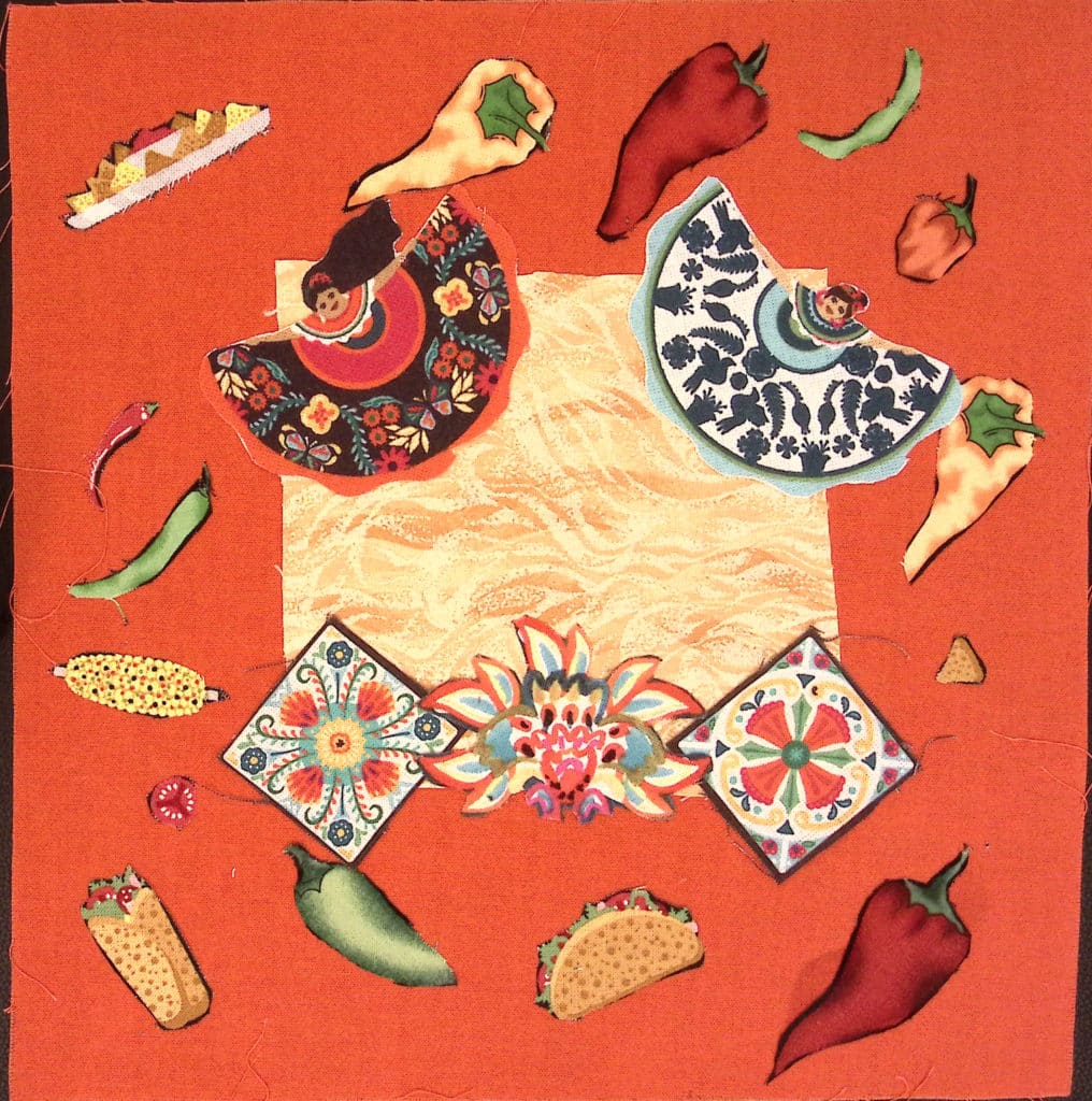 Orange square with dancers, traditional designs, food, and chili peppers.