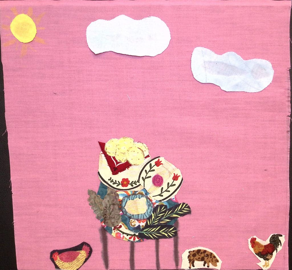 A family making tortillas together, chickens, and clouds on a pink background.