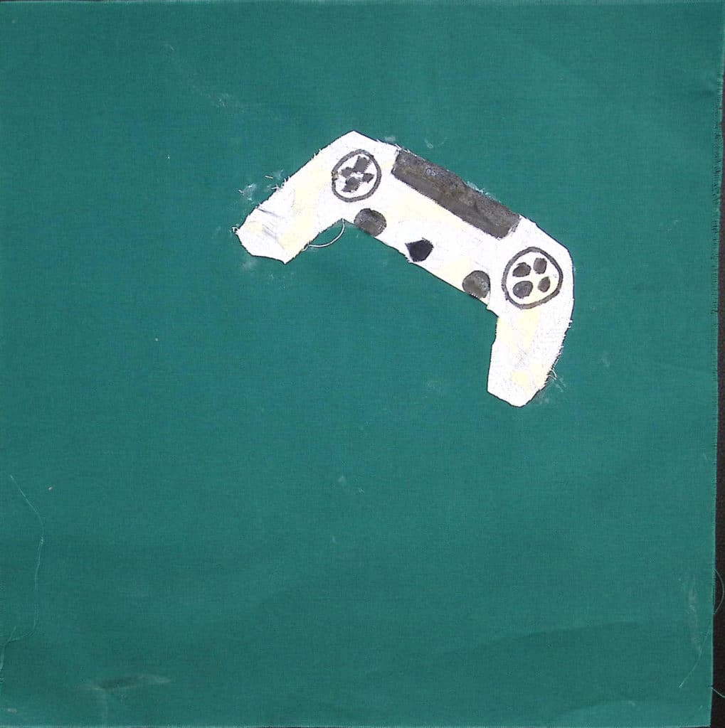 A video game controller on a dark green background