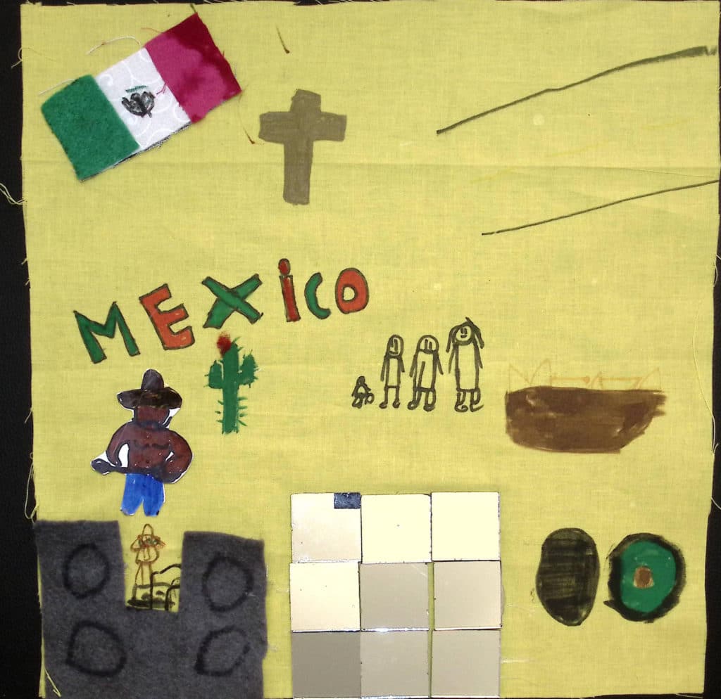 Speakers and a dance floor made with small mirrors, a man playing guitar, a cross, a Mexican flag, a cactus, and the word Mexico