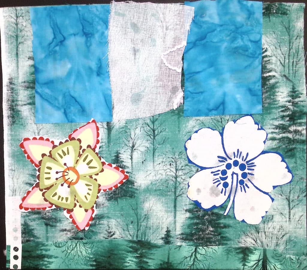The flag of Guatemala with flowers on a green tree-patterned background