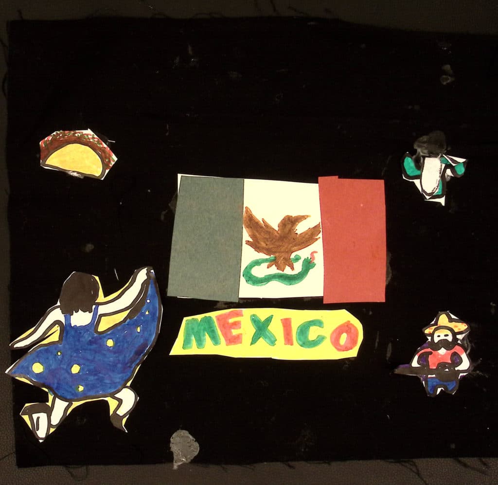 The Mexican flag with the word "Mexico" in red and green letters, a woman in a blue dress dancing, and a taco.