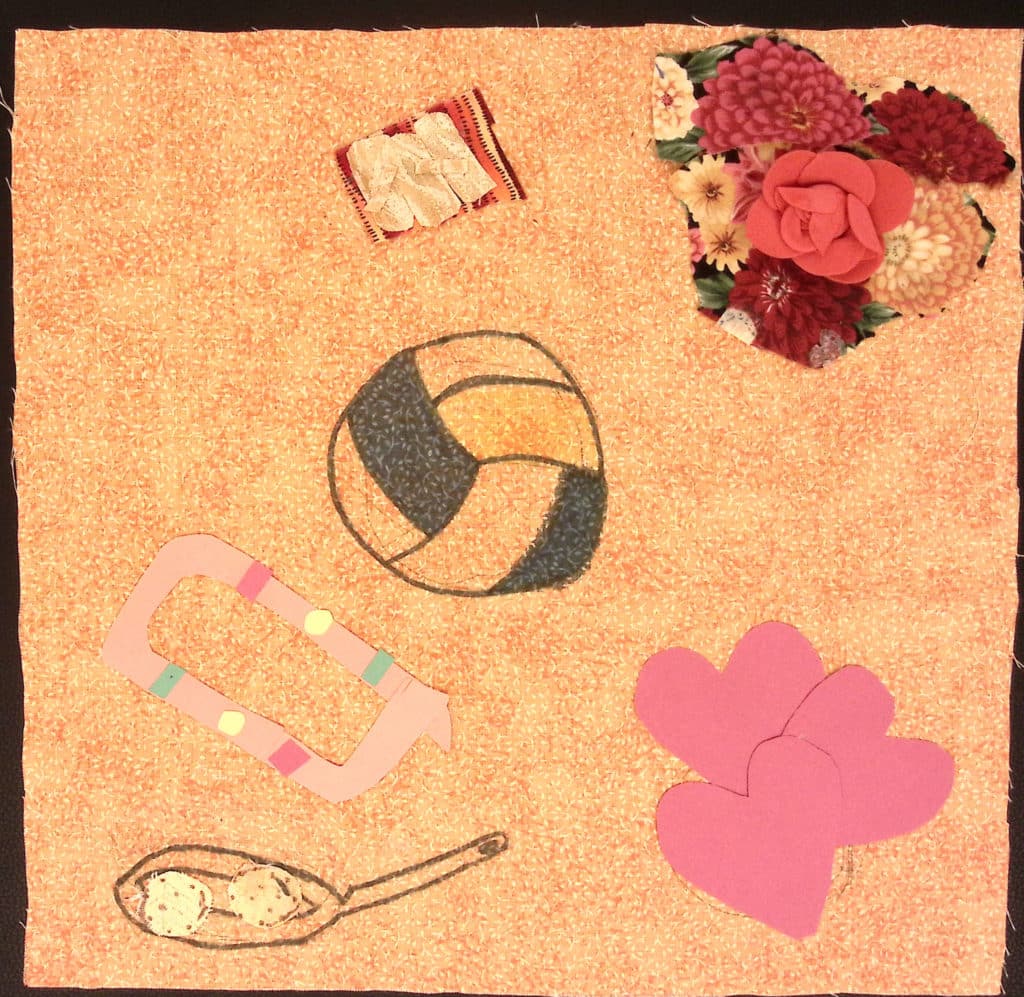 An orange square with a volleyball in the center, pink hearts, roses, and food in a pan.