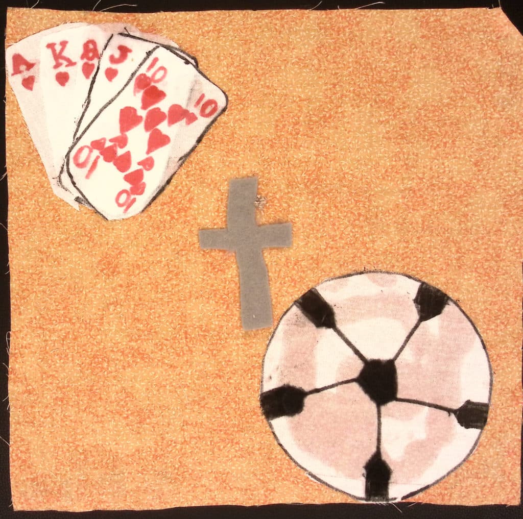 Orange square with cross, playing cards, basketball