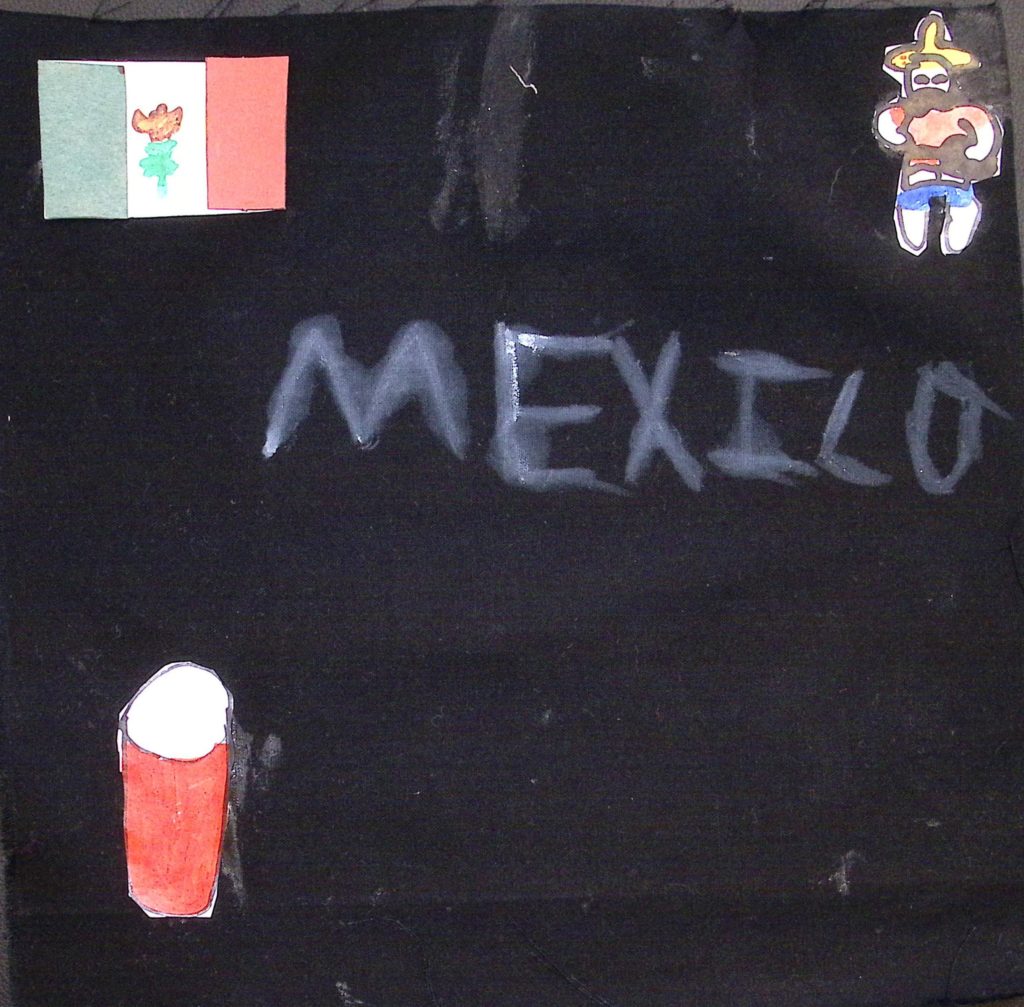 A Mexican flag, a jamaica cup, the word "Mexico," and a little man with a hat.