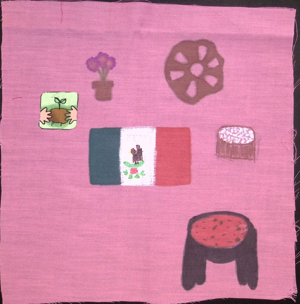A Mexican flag with a dish of salsa, a flower, and hands holding a plant.