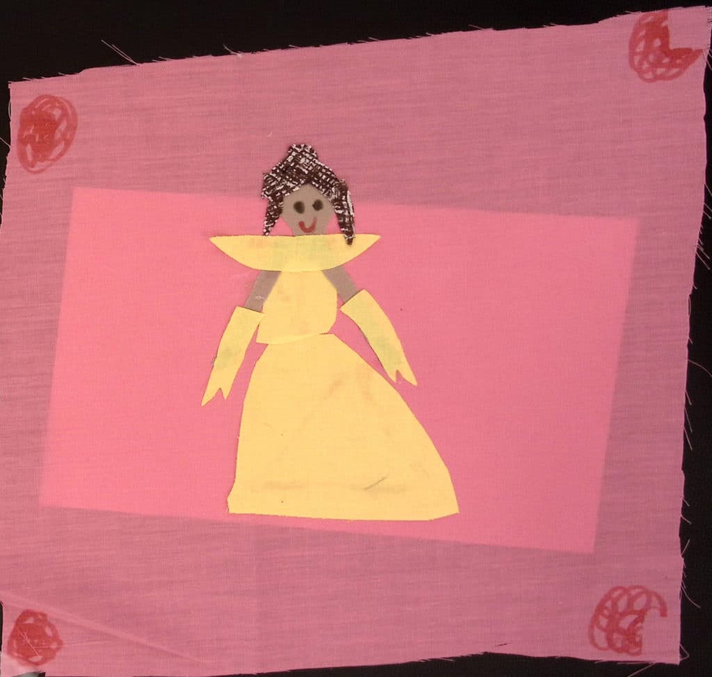 A woman or girl wearing a yellow gown on a pink background.