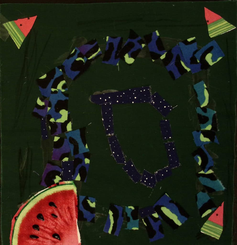 A green background with neon leopard-print fabric in circles, watermelons in corners.
